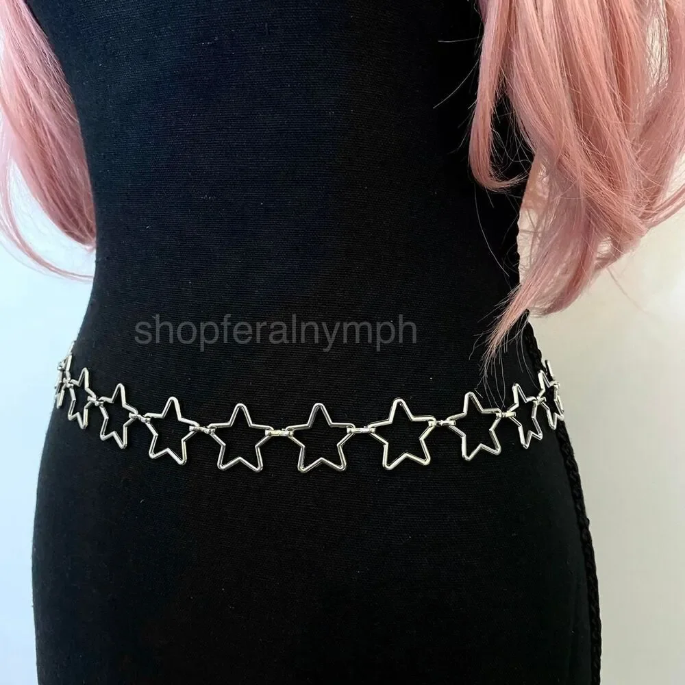 Silver Y2K Open Star Link Cutout Waist Chain Belt, Fits 21-38 Inches, X7GA1415